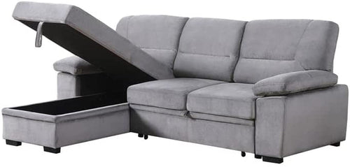 Gray Velvet Reversible Sleeper Sectional Sofa With Storage