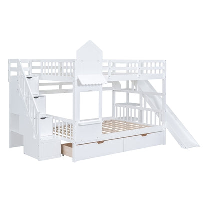 Full-Over-Full Castle Style Bunk Bed with 2 Drawers, 3 Shelves and