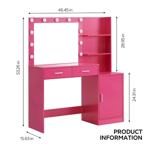 Rose Pink Vanity Desk with Mirror and Lights, Eco-Friendly Particle