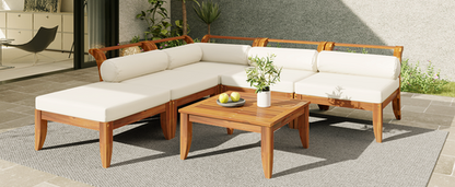 6 Piece Patio Sofa Set, Acacia Wood Outdoor Modular Sectional Garden