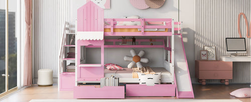 Full-Over-Full Castle Style Bunk Bed with 2 Drawers, 3 Shelves and