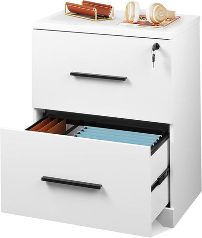 2 Drawer White Wood Lateral File Cabinet With Lock For Office Or Home