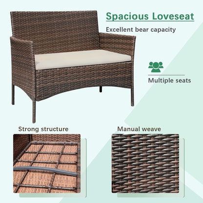 4 Piece Wicker Patio Set With Glass Table Beige Cushions