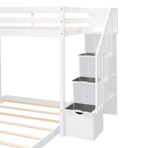 Twin Over Full Bunk Bed with 3-layer Shelves, Drawers and Storage