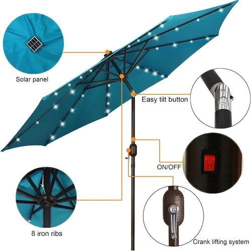 9 Ft Solar LED Patio Umbrella With Tilt And Crank Cerulean