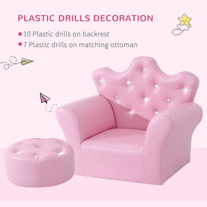 Kids Sofa Set With Footstool, Princess Sofa With Diamond Decoration
