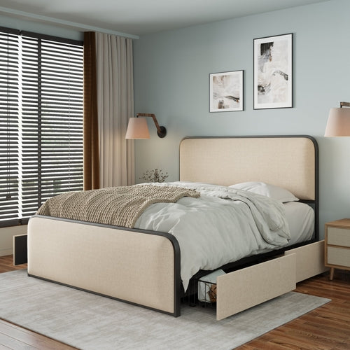 Platform Bed Available in Beige Metal Modern with Storage and Drawer