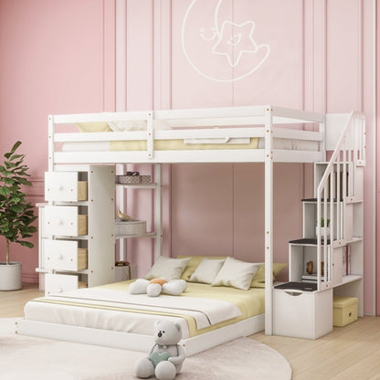 Twin Over Full Bunk Bed with 3-layer Shelves, Drawers and Storage