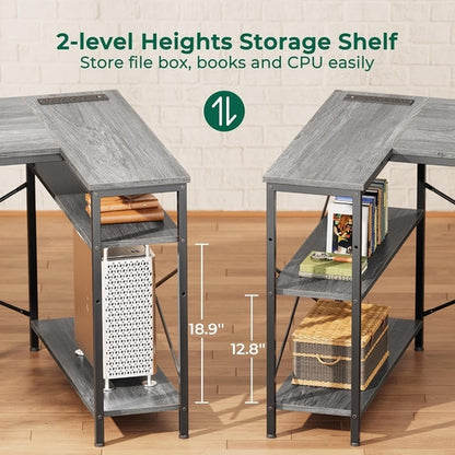 47 Inch L Shaped Desk With Power Outlets And 3 Drawers Grey