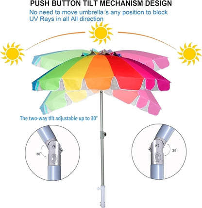 7.5Ft Heavy Duty Beach Umbrella UV 50 Protection Tilt