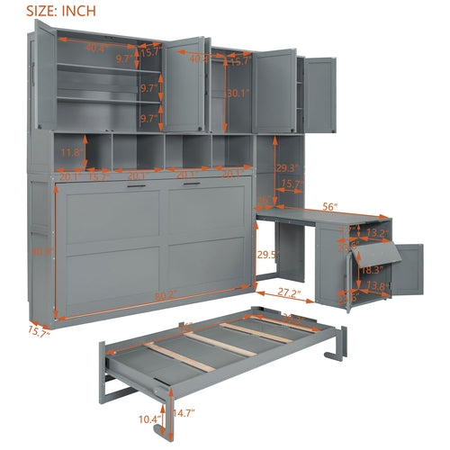 Twin Size Murphy Bed Wall Bed with Closet , Drawers & Desk-Gray