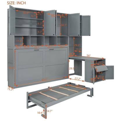Twin Size Murphy Bed Wall Bed with Closet , Drawers & Desk-Gray