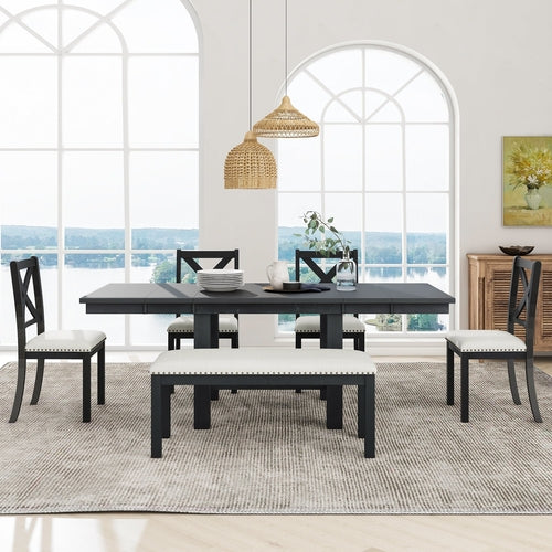 Farmhouse 82inch 6-Piece Extendable Dining Table with Footrest, 4