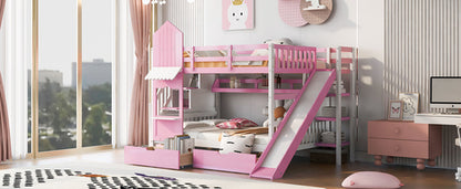 Full-Over-Full Castle Style Bunk Bed with 2 Drawers, 3 Shelves and