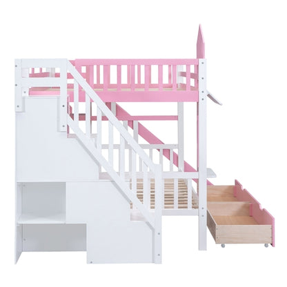 Full-Over-Full Castle Style Bunk Bed with 2 Drawers, 3 Shelves and