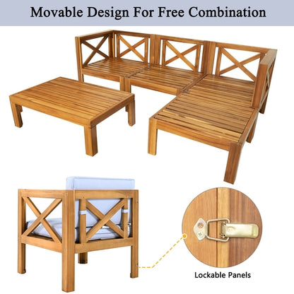 Outdoor Backyard Patio Wood 5-Piece Sectional Sofa Seating Group Set