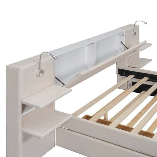 Queen Size Upholstered Platform Bed with Reading Lights, Drawers,