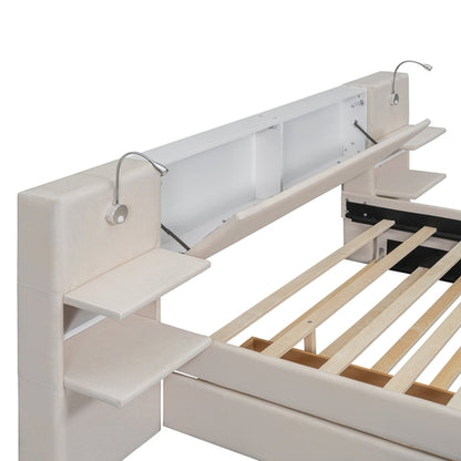 Queen Size Upholstered Platform Bed with Reading Lights, Drawers,