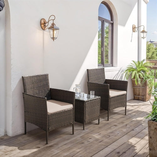 Patio Set 3 Piece All Weather Rattan Glass Table Brown