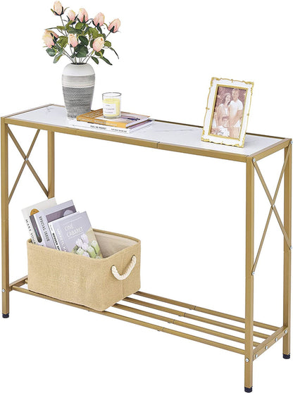 Gold And White Narrow Console Table With Shelves 41 Inch Long
