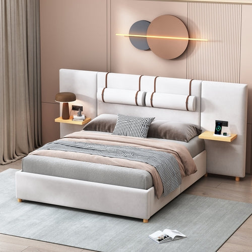 Upholstered Platform Bed with Outlets, USB Ports, Pillows and Storage