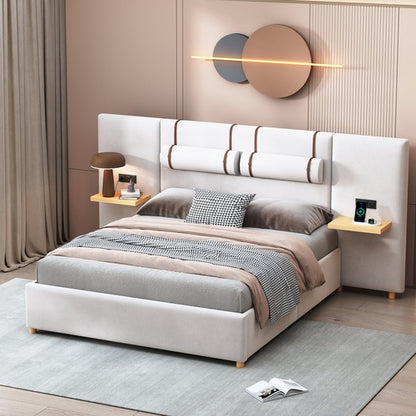 Upholstered Platform Bed with Outlets, USB Ports, Pillows and Storage