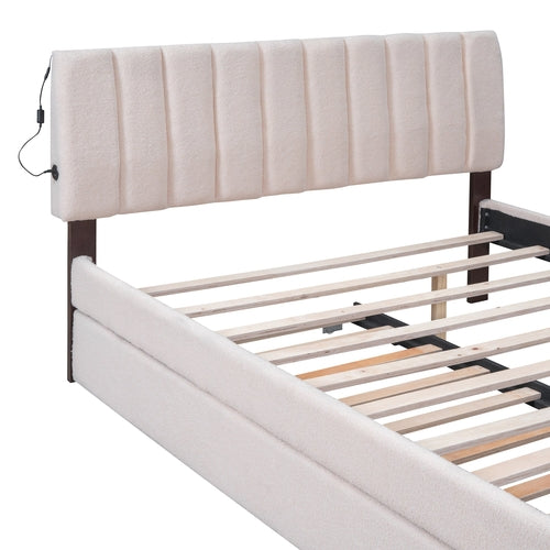 Teddy Fleece Queen Size Upholstered Platform Bed with Twin XL Trundle