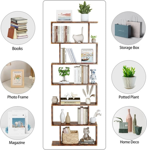 Geometric Bookcase 6 Tier S Shaped Rustic Brown Wood Shelf