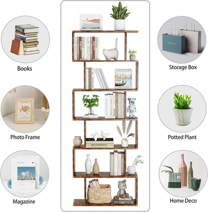 Geometric Bookcase 6 Tier S Shaped Rustic Brown Wood Shelf