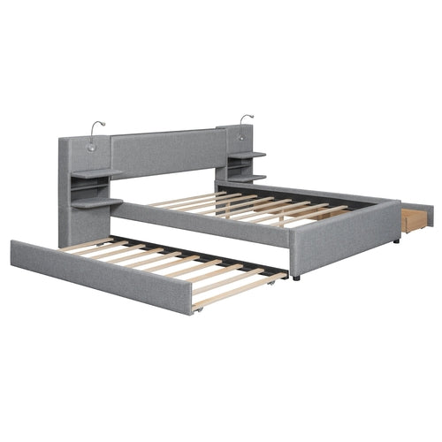 Queen Size Upholstered Platform Bed with Reading Lights, Drawers,
