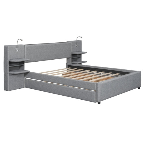 Queen Size Upholstered Platform Bed with Reading Lights, Drawers,