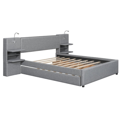 Queen Size Upholstered Platform Bed with Reading Lights, Drawers,