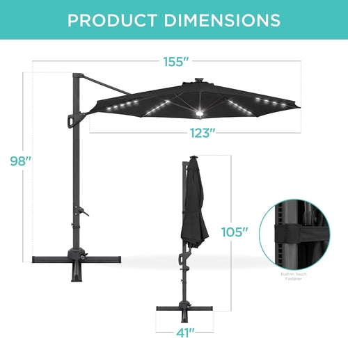 10 Ft Solar LED Cantilever Patio Umbrella With 360 Degree Rotation And