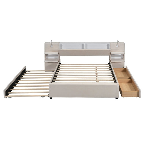 Queen Size Upholstered Platform Bed with Reading Lights, Drawers,