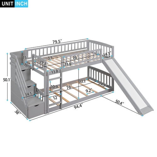 Stairway Twin over Twin Bunk Bed with Two Drawers and Slide, Gray