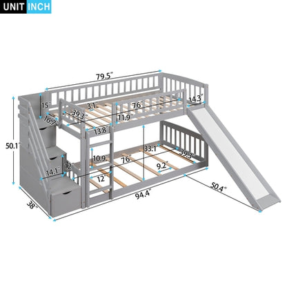 Stairway Twin over Twin Bunk Bed with Two Drawers and Slide, Gray