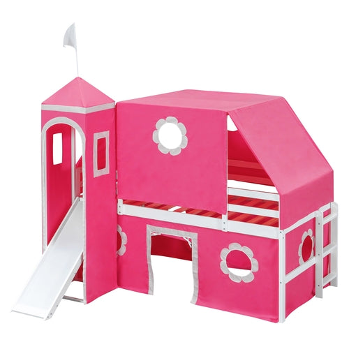Twin Size Loft Bed with Slide Pink Tent and Tower - Pink