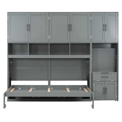 Twin Size Murphy Bed Wall Bed with Closet , Drawers & Desk-Gray