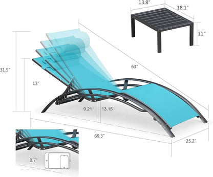 Patio Chaise Lounge Set With 4 Adjustable Recliners And 2 Side Tables
