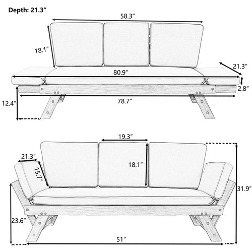 Outdoor Adjustable Patio Wooden Daybed Sofa Chaise Lounge with