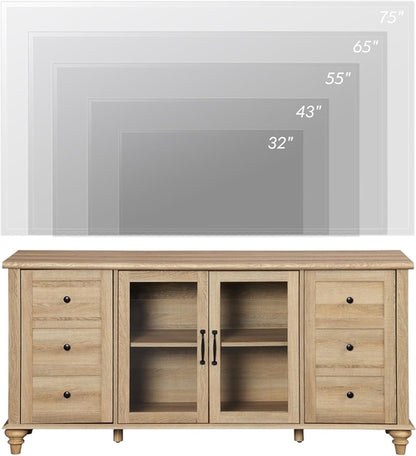 Oak Glass Door Farmhouse TV Stand For 75 Inch TVs Console