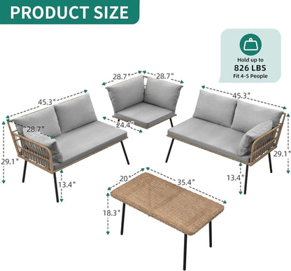 4 Piece Outdoor Wicker Patio Set Grey Memory Foam Cushions