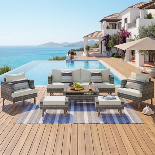 6-Pieces All Weather PE Wicker Sofa Set, Outdoor Rattan sofa With