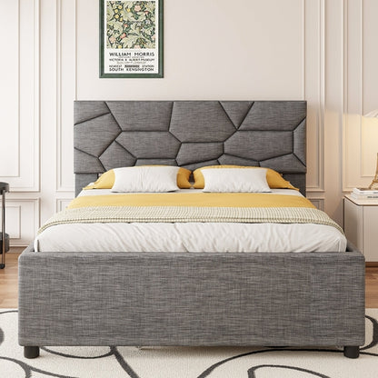 Queen Size Upholstered Platform Bed with Brick Pattern Headboard and