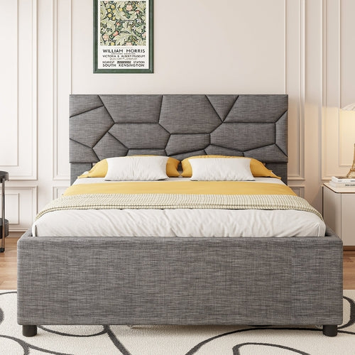 Queen Size Upholstered Platform Bed with Brick Pattern Headboard and