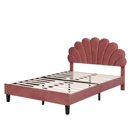 Upholstered Platform Bed with Flower Pattern Velvet Headboard