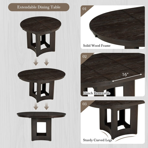 Farmhouse Extendable Round Dining Table Set for 4, 5-Piece Kitchen