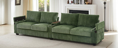 Modern 4-Seater Corduroy Sofa Couch with USB Ports, Hidden Storage and