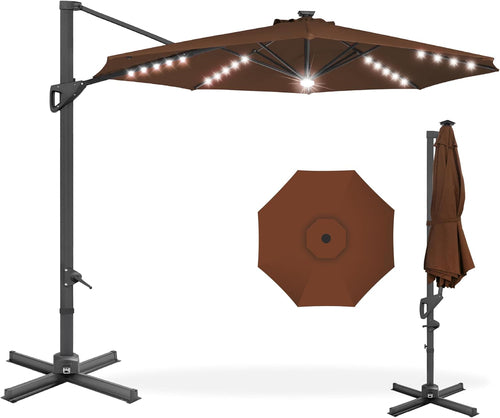 10Ft Solar LED Cantilever Patio Umbrella With 360 Degree Rotation And