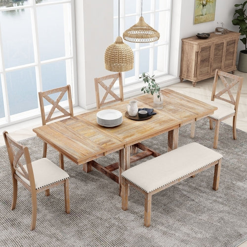 Farmhouse 82inch 6-Piece Extendable Dining Table with Footrest, 4